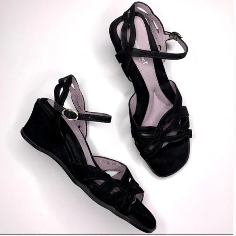 ** Beautifeel Black Leather Wedge Sandals sz 41 Ankle Strap - Picture 2 of 12